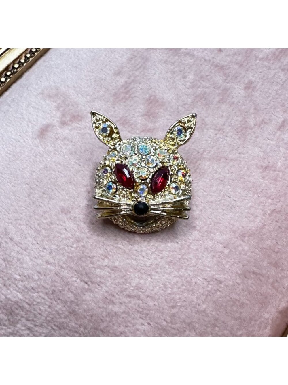Vintage Aurora Borealis Crystal Rabbit Brooch Pin Red Rhinestone Eyes Gold-Tone - Picture 2 of 16